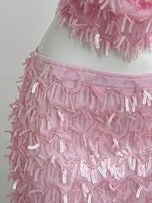 Elamini Sexy Crop Top With Plunging V-Neck And Backless Design, Paired With Bodycon Mini Skirt, Suitable For Spring/Summer - Pink - View 7