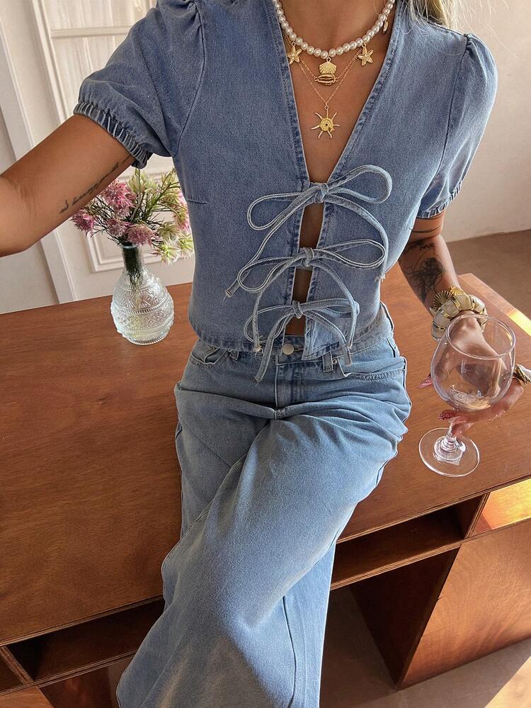 Women's Bow Tie Loose Fit Washed Denim Suit, Vacation Style