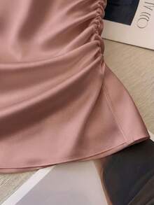 Franclia Women's Elegant Round Neck Waist Fitted Pleated Short Sleeve Versatile Solid Light Peach Blouse - Rusty Rose - View 4