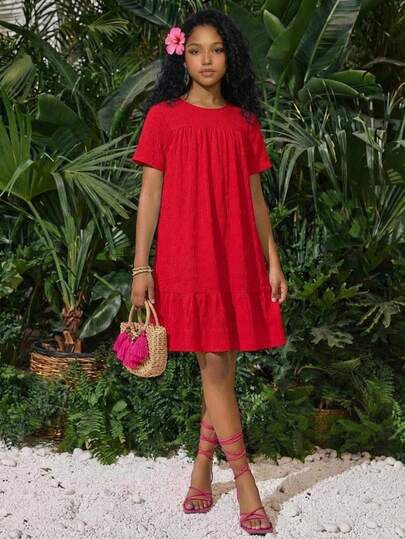 SHEIN Teen Girls Red Solid Textured Chiffon Ruffle Hem Casual Vacation Midi Dress