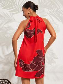 Amorya 女士优雅度假风系带蝴蝶结印花A字迷你连衣裙，适合度假、外出、约会、通勤及多种场合。 - 彩色 - 查看 2