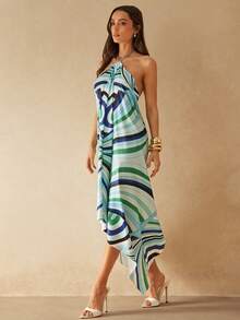 Silquee Robe femme sans manches à ourlet asymétrique avec motif rayé coloré, printemps/été - Bleu azur - Voir 5