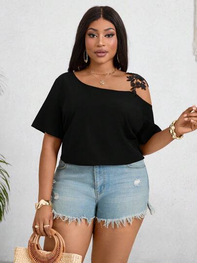 Villa Velisse Plus Size Women's Lace Trim Off Shoulder Blouse, Fashionable Casual Sexy Elegant Retro