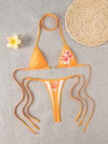 Swim Vcay 2pcs Women's New Floral Print Spaghetti Strap Backless Micro Triangle Top And Thong Sexy Bikini Set Set - Orange - View 4