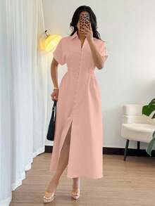 Rafferiza 女式休闲衬衫裙，前襟纽扣，插肩袖，收腰设计 - 粉色 - 查看 5