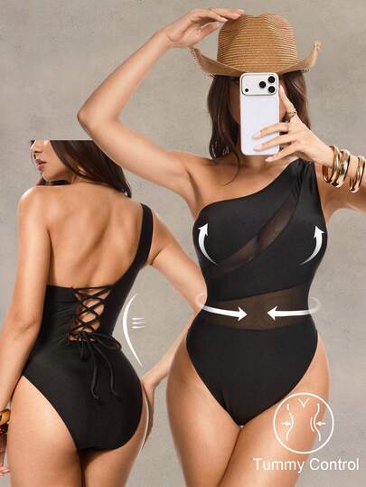 Shapewave 26SS Spring/Summer Vacation Beach High-End Sexy Black Tummy Control V-Neck Mesh Splice One-Piece Swimsuit 2026 New Women's Swimwear ArrivalFor School,Suitable For Holiday, Date, Afternoon Tea, Western, Cruise, Beach, Island, Road Trip, All Seasons, Music Festival, Boho Vacation,Bohemian Vacation, Chill Autumn ,Western Boho ,Elegant Tops For Women