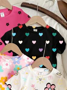 SHEIN 女婴休闲简约圆领短袖T恤，适合春夏季 - 彩色 - 查看 6