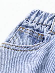 女童（小号）新款休闲时尚褶皱水洗蓝牛仔短裤 - 藍色 - 查看 6