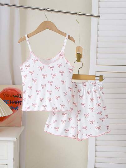 2件套女童蝴蝶结装饰可爱图案针织吊带背心和短裤睡衣套装，舒适家居服，送给少女的绝佳礼物