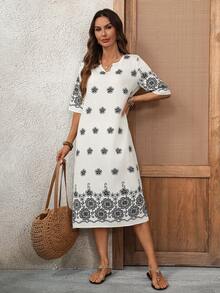 EMERY ROSE 女士印花V领中长款度假连衣裙，夏季 - 彩色 - 查看 9