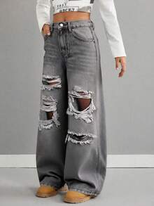 Tween Girls' Casual Washed Distressed Loose Fit Denim Jeans - Grey - View 3