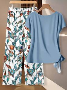 EMERY ROSE Casual Solid Color Top & Leaf Print Pants 2 Pieces Set, Plus Size - Multicolor - View 2