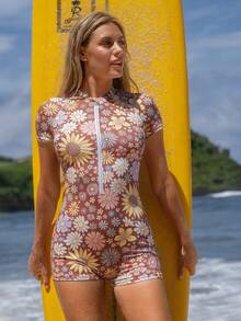 Swim SPRTY 女士连体热带印花高领拉链泳衣，适合春夏季游泳、冲浪、海滩活动 - 彩色 - 查看 4