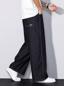 Manfinity Homme 男士复古美式刺绣宽松阔腿牛仔裤 - 深色水洗藍 - 查看 1