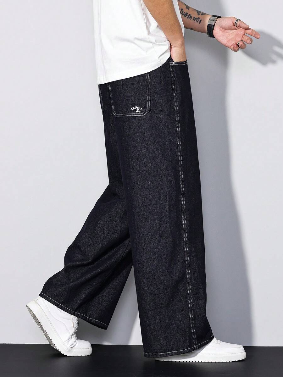 Manfinity Homme 男士复古美式刺绣宽松阔腿牛仔裤 - 深色水洗藍 - 查看 1