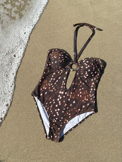 SHEIN BAE Plus Size Women's Polka Dot Print Sexy Halter One-Piece Swimsuit Beach Outfits For Women