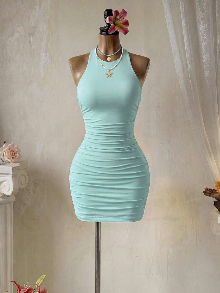 Femesol Đầm ôm body hở lưng màu trơn gợi cảm - màu xanh lá - Xem 1