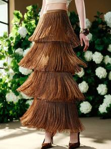 Arave Women's Woven Fabric Flared Waist Slit Fringe Patchwork Design Casual Skirt - Brown - View 1