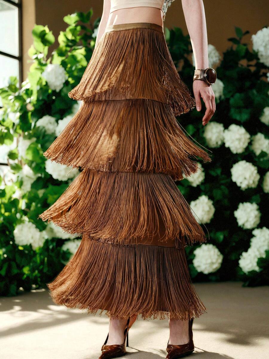 Arave Women's Woven Fabric Flared Waist Slit Fringe Patchwork Design Casual Skirt - Brown - View 1