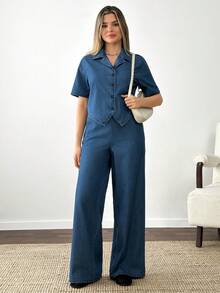 SHEIN 2 Pcs, Thin Fabric, Short Sleeve Shirts & Elastic Waist Pants, Denim Set - Medium Wash - View 4