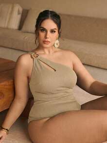 Swim Chiccia Plus Size Women One-Piece Black Asymmetrical Shoulder Swimsuit Beach Outfit - Coffee Brown - View 4