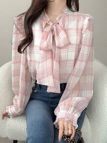 FRIFUL Áo sơ mi nữ cổ bẻ kẻ caro dáng casual, thích hợp mặc đi làm, mùa hè. - Hồng - Xem 2