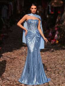 Glamrae Elegant Blue Luxury 3D Beaded Embroidered Bandeau Mermaid Twist Wrap Slim Fit Fishtail Dress, Suitable For Dates, Vacations, Singles Parties, Weddings, Women's Evening Gown - Blue - View 6