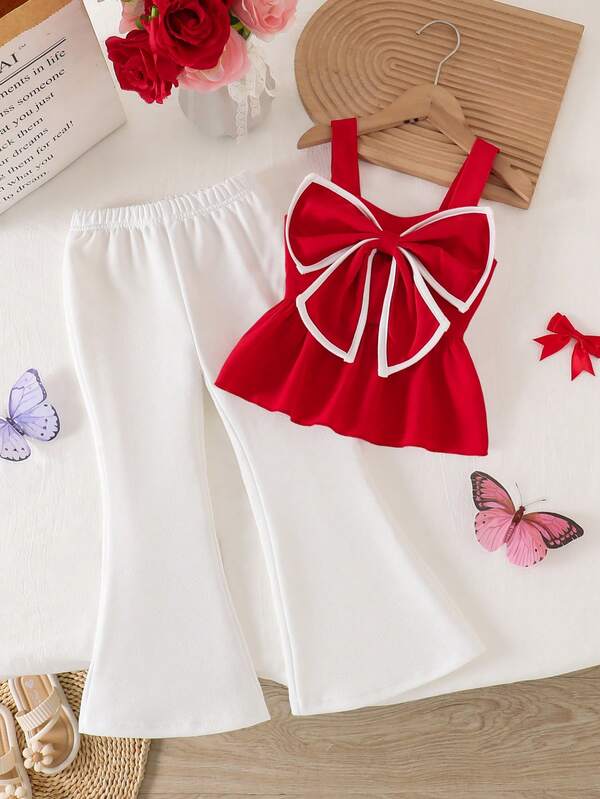 SHEIN Genkimix Kids Genç Kızlar İçin Şık Moda Seti, Fiyonk Detaylı Askılı Elbise + Dar Paçalı Pantolon, Tatlı ve Sevimli 2 Parçalı Kıyafet, Yazlık