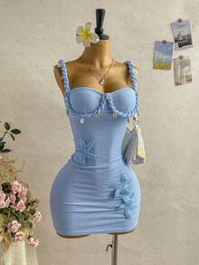 Soleia 春夏新款休闲度假西部海滩婚礼宾客着装毕业早午餐圣帕特里克节春假复活节音乐节优雅波西米亚热带风情编织亮片闪亮针织纹理连衣裙女装 - 淺藍色 - 查看 4