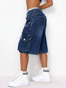 SHEIN ICON Quần short denim nữ dáng rộng, thoải mái với nhiều túi tiện dụng. - Rửa tối - Xem 3