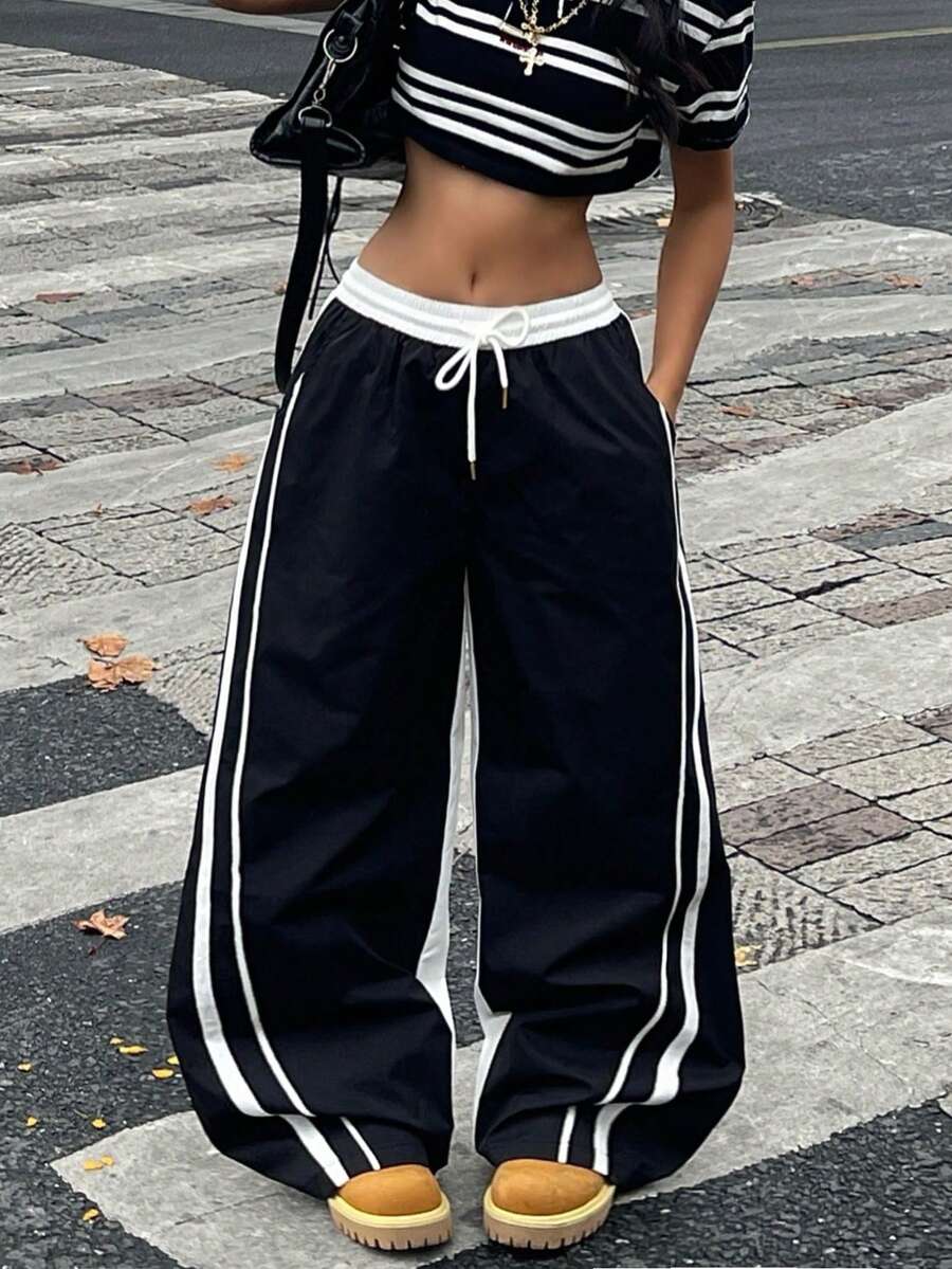 Coolane 女士撞色梭织休闲裤 - 黑與白 - 查看 1