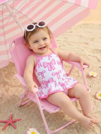 SHEIN 女婴蝴蝶结装饰修身休闲泳衣