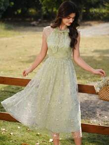 Vintamour 复古优雅女士连衣裙，花卉刺绣网纱蝴蝶结休闲度假连衣裙，夏季女装，夏季度假套装，春季女装，春季连衣裙，春季服装，春假套装，春季女装，优雅派对连衣裙，优雅派对连衣裙，婚礼宾客连衣裙，婚礼派对连衣裙，毕业礼服，优雅典礼礼服，优雅女士连衣裙，正式礼服 - 綠色 - 查看 6