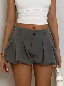 Glamine 女士纽扣褶裥百搭休闲短裤 - 深灰色 - 查看 3