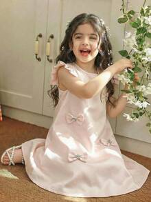 Young Girl Solid Color Satin Dress With Bow Print, Young Girls Blush Pink Summer Flower Girl Formal Elegant Princess Frocks, Ruffle Strap Casual Dress - Baby Pink - View 10