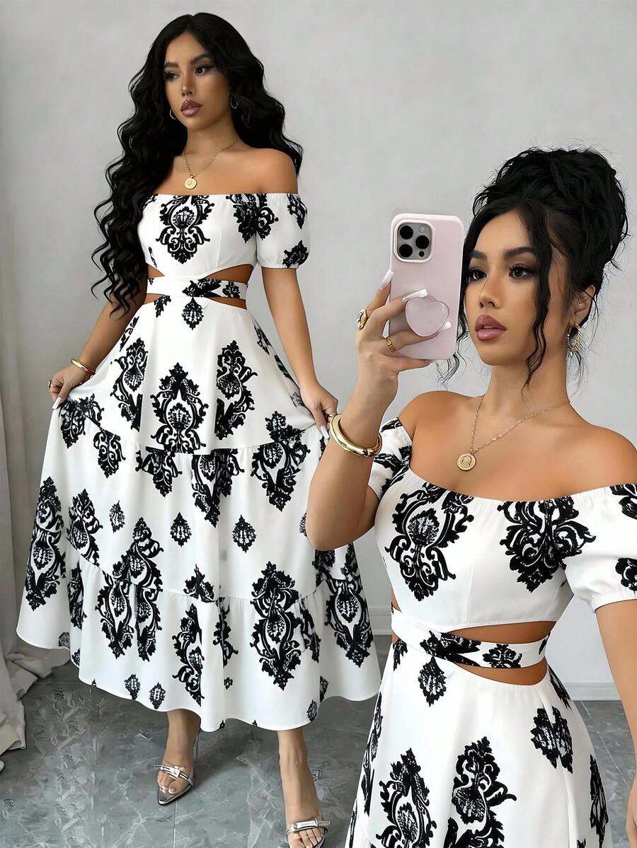 SHEIN Elenzya Đầm nữ tay ngắn dáng chữ A trễ vai xếp ly in họa tiết Paisley, thanh lịch cho mặc hàng ngày, đi nghỉ mát, đi làm, ngày Valentine, hẹn hò, phong cách đường phố Pháp, cổ điển, dự tiệc, màu mơ chủ đạo phối họa tiết đen, mẫu mới về đầu xuân/hè. - Nhiều màu - Xem 1
