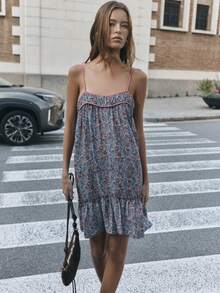 Nöista Women's Floral Print Ruffle Hem Spaghetti Strap Vacation Dress - Blue - View 1