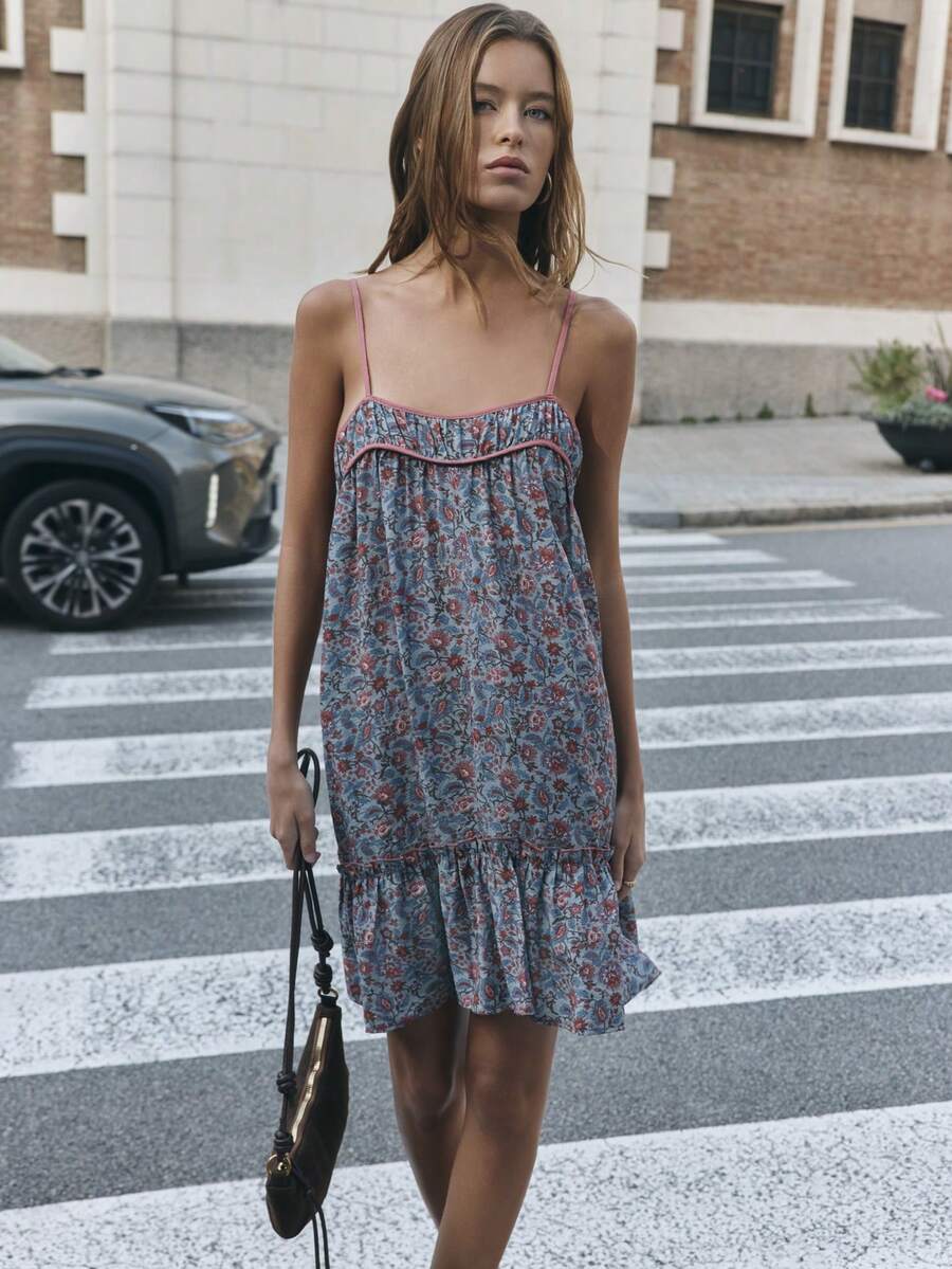 Nöista Women's Floral Print Ruffle Hem Spaghetti Strap Vacation Dress - Blue - View 1