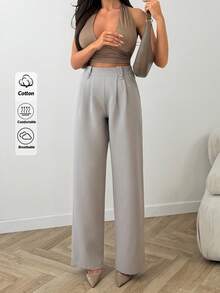 SHEIN Quần tây ống rộng xếp ly, màu trơn, có cúc cài và túi chéo. - Xám - Xem 1