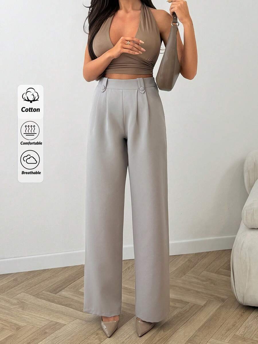 SHEIN Quần tây ống rộng xếp ly, màu trơn, có cúc cài và túi chéo. - Xám - Xem 1