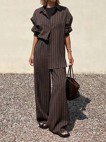 Strévra Bộ trang phục nghỉ hè kiểu miền Tây màu nâu, chất liệu denim kẻ sọc, dáng rộng, thoải mái gồm 2 mảnh dành cho nữ, thích hợp cho kỳ nghỉ hè. - Cà phê nâu - Xem 5