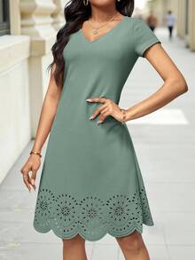 Editum Ladies" Fashionable Solid Color Hollow Out Short Sleeve Dress Spring Summer Elegant - Mint Green - View 3