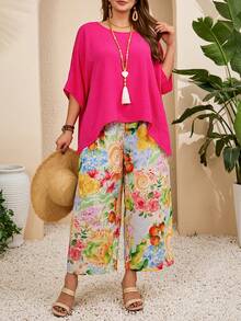 EMERY ROSE Plus Size Casual Solid Color Batwing Top And Floral Print Pants 2-Piece Set - Multicolor - View 6