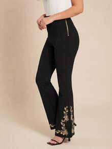 Ellevyn 女士优雅日常通勤植物刺绣侧拉链修身喇叭裤，女士喇叭裤，喇叭裤腿，女士正装裤，刺绣裤，夏季穿搭，夏季裤装，夏季女士复古度假通勤休闲优雅百搭经典黑色刺绣喇叭裤，高腰弹力打底裤，适合工作和所有季节，女士正装裤，女士长裤，黑色喇叭裤 - 黑色 - 查看 5