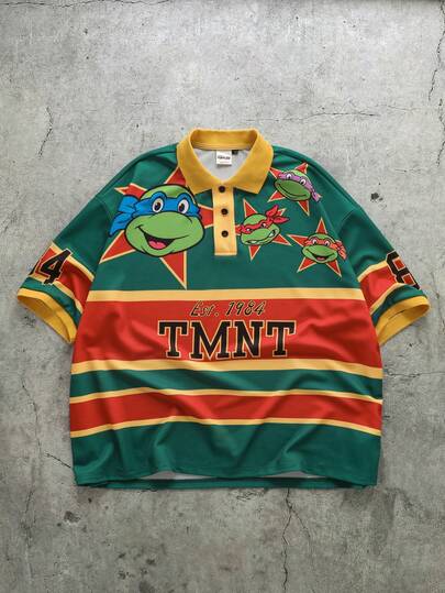 TEENAGE MUTANT NINJA TURTLES | SHEIN Men's Letter & Cartoon Print Casual Versatile Commuting Short Sleeve Polo Shirt