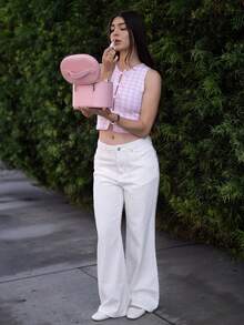 Andrea Bello 女式休闲 Y2K 格子印花蝴蝶结针织毛衣 - 粉色 - 查看 6