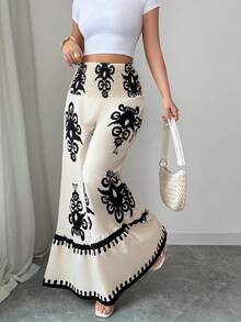 SHEIN Elenzya Quần ống rộng cạp cao in họa tiết thanh lịch dành cho nữ, thích hợp cho kỳ nghỉ xuân/hè. - Nhiều màu - Xem 3