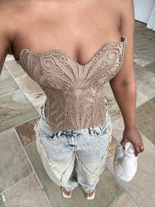 Alexandranx European & American Young Vacation Sexy Avant-Garde Double-Layer Fitted Corset Bustier, Khaki Hollow Embroidered Shapewear - Brown - View 4