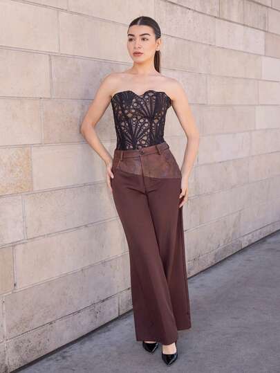 Andrea Bello 时尚皮革拼接阔腿裤，高腰显瘦设计，秋季款