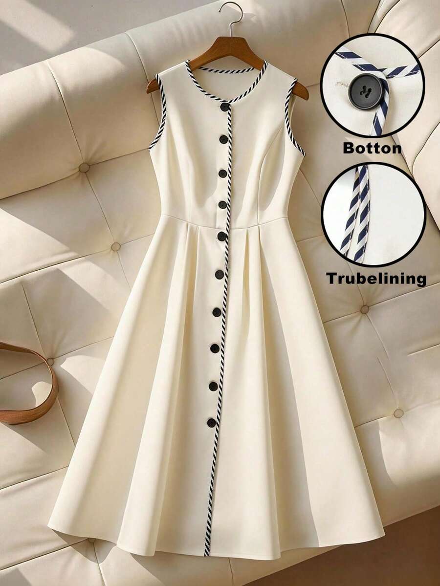 GlowEve CURVE 大码休闲商务X型圆领无袖开襟撞色滚边纽扣装饰春夏商务休闲优雅假日连衣裙 - 米色 - 查看 1